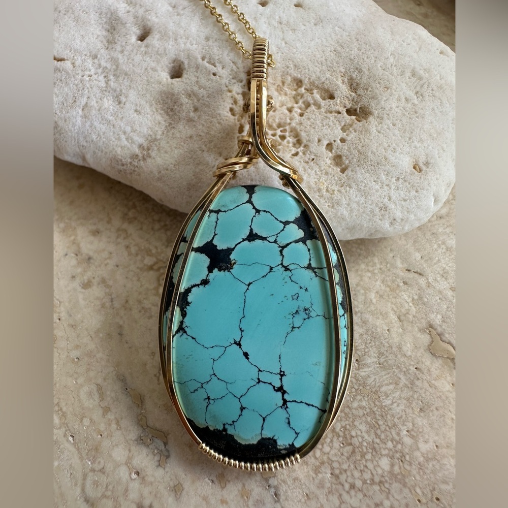 14k Gold Filled Large Exquisite Genuine Turquoise Healing Stone Necklace Pendant